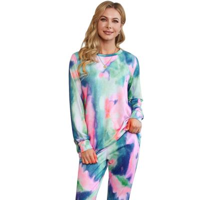 China QUICK DRY pajamas nightgowns and top women tie print dye knit jumpsuit lounge use long sleepwear pajamas jogger pajamas set plus size for sale