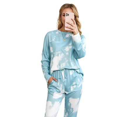 China 100% Polyester Pomen Pleepwear Tie Dye QUICK DRY Printed Knit Jumpsuit Lounge Wear Sleepwear Pajamas Long Joggers Pajamas Set Plus Size for sale