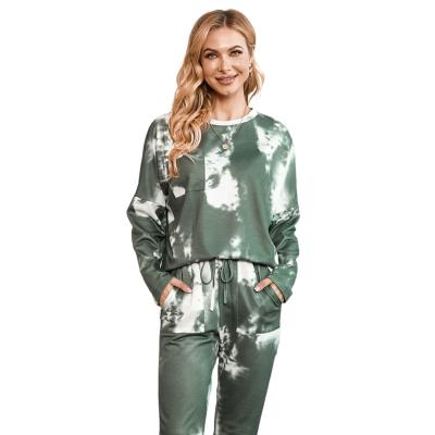 China QUICK DRY Sleepwear For Lady Home Choice Tie Dye Printed Knit Overalls Lounge Use Long Sleepwear Pajamas Joggers Pajamas Set Plus Size for sale