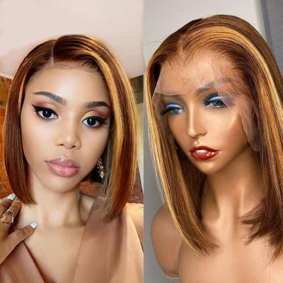 China Body Wave U Piece Wig 2 Color Highlight Mixed Brown And Lead Blonde Hair Short Wig With Bangs for sale