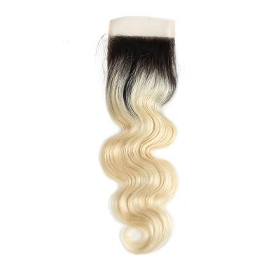 China Blonde Ombre Roots Body Wave Hair Dark Roots Body Wave Closure 4*4 for sale