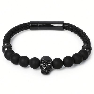 China CLASSIC Handmade Pearl Skull Luxury Leather Bracelet For Men for sale