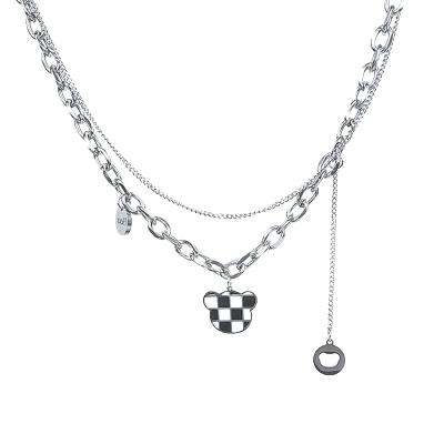 China TRENDY Ouble-Layer Bear Checkerboard Necklace Women Stainless Steel Jewelry Necklace Does Not Fade for sale