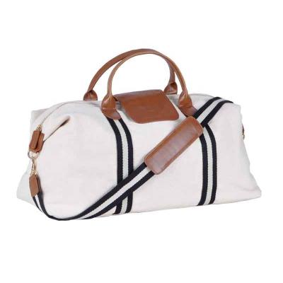 China OEM Logo PU Weekend Bag Large Capacity Thick Canvas Brown Twill Leather Trimming White Travel Duffel Bag Customized Durable With Light for sale