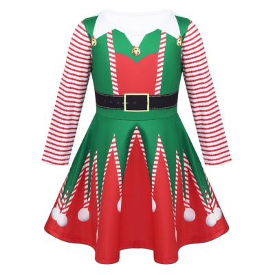 China Polyester Kids Girls Striped Long Sleeves Printed Christmas Dress A Fairy Swing Line Spirit Costume Dress For Christmas Holiday Party for sale