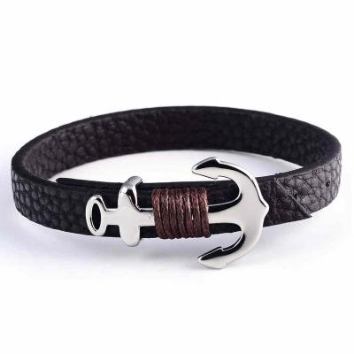 China High polished; Matte Finished Logo Engraved Stainless Steel Leather Men's Anchor Bracelet for sale