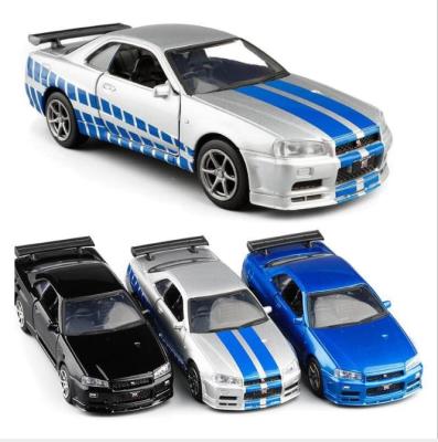 China Diecast Toy Pull Back Function Vehicle Toys 1:36 To Scale Brian R34 Skyline 2002 Diecast Model Car With Openable Doors for sale