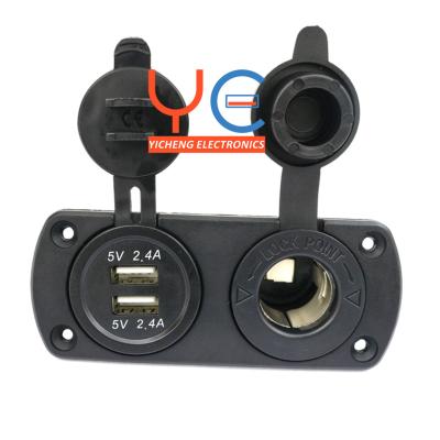 China Cars 12V 24V DC 12V - 24V Dual USB 4.8A DC Charger And Power Socket With Two Holes Mounting Panel for sale