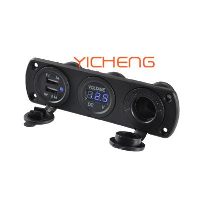 China 12V -24V Cars A11 Car Boat Marine Bus Charger Panel Mount 12v USB Socket With Digital Voltmeter And Cigarette Lighter Socket for sale