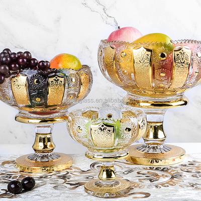 China Europe 9.64 inch footed glass fruit bowl with gold decoration, luxury gloden decorative painting, housewares, gift for sale