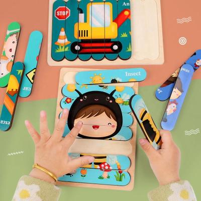 China Improve children's hand eye coordination and creative children's double-sided puzzle toy early education capacity wooden tape thinking puzzle cartoon puzzle animal story traffic animal for sale