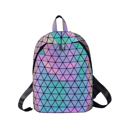 China Multi-storage Separation Large Capacity Geometric Bright Women Backpack Holographic Reflective Snap Colorful Daypack for sale