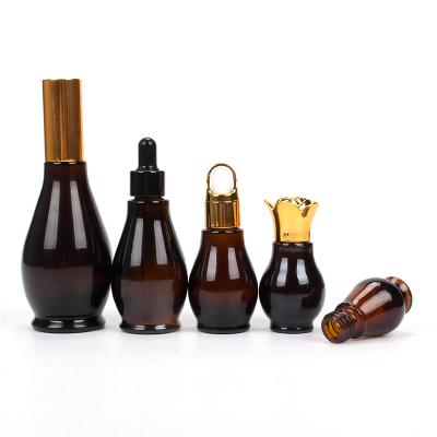 China 10ml-100ml Different Personal Care Accessories Can Be Chosen Amber Gourd Glass Refillable Bottle Essential Oil Frosted Dropper for sale