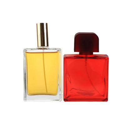 China Personal Care In Stock Luxury Cosmetic Empty Square Essential Oil Spray Women Red Glass Perfume Bottle 55ml Or Custom Atomizer for sale