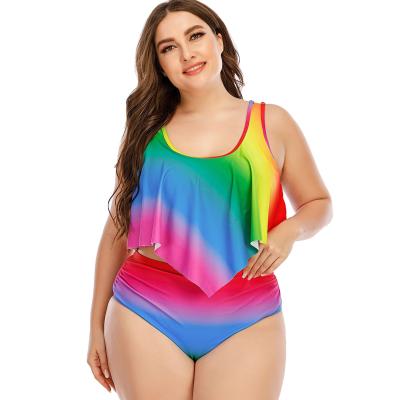 China 2021 Factory Direct Selling Rainbow Gradient Print Slit Breathable Ruffle Big Swimsuit For Women for sale