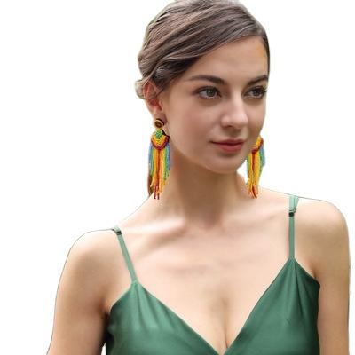 China Exaggerate 2021 new national wind minority rainbow exaggerated hand-woven earrings for sale