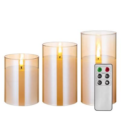 China Real Flame 3d Pillar Home Decoration Gold Flameless Glass Battery Operated Wedding Led Candle Set for sale