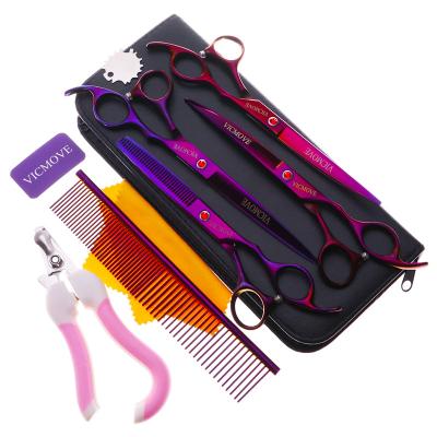 China Stocked 7 Inch Pet Grooming Scissors Set Straight Curved Cat Hair Thinning Shears Kit Tesoura Para Dog Hair Thinning Shears for sale