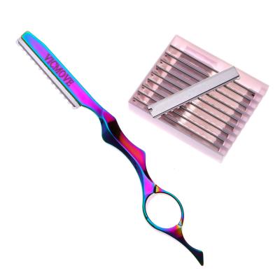 China Professional Single Blade Hair Styling Thinning Texturizing Cutting Feathered Razor + Stainless Steel Rainbow Color 10 Replacement Blades for sale