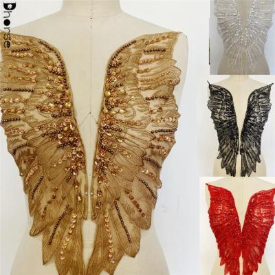 China Wholesale Delicate Rhinestone Sequin Design Wing Flatback Factory Angel Beaded Hand Sewn Applique For Party Dress for sale