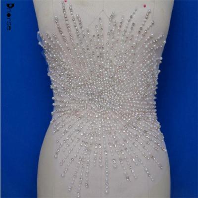 China Custom Flatback Large Pearl Beaded Applique Crystal Rhinestone Bridal Handmade Applique for sale