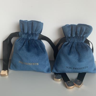 China Recyclable Custom Blue Logo Printed Velvet Dust Drawstring Gift Velvet Bag for sale