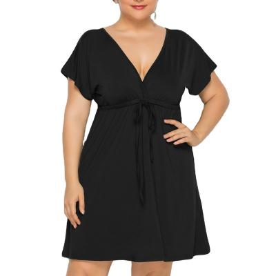 China home wear solid color anti-wrinkle deep v-neck elastic waist fat women's large size sleeveless sexy sister dress for sale