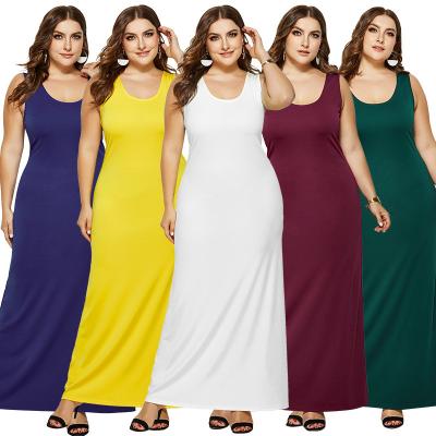 China Anti-wrinkle millimeter fat women's dress spring and summer knitting large size neck sleeveless contracted dress solid color sexy long round skirt for sale