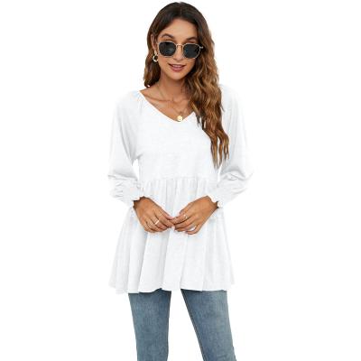 China Amazon New Anti-wrinkle Women's Autumn/Winter V-Neck Bubble Sleeve Long Tunic Top T-shirt For Women for sale