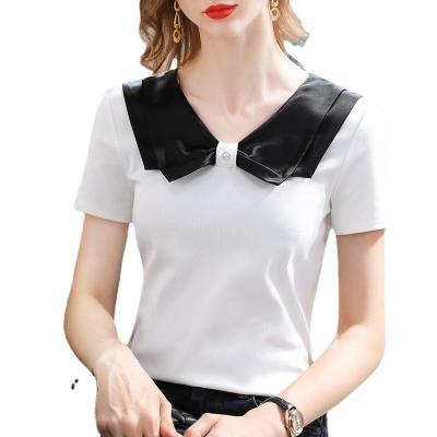 China New Summer Wear Anti-Wrinkle Short Sleeve T-Shirt Women's Fashion Bump Color Stretch Cotton Shirt Women Reduced Age Doll Neck Waist Top for sale