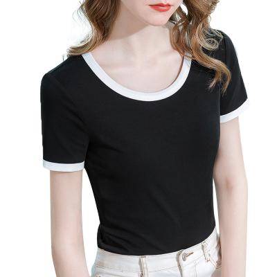 China 2022 New Contrast Anti-wrinkle Women's Plain Color Women's Full Shoulder Stretch Neck Cotton Round Waist T-shirt for sale