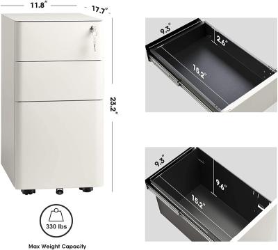 China Amazon Sales 3 Drawer Modern Hot Steel Vertical Metal Storage Furniture Mobile 300mm Width Pedestal With Wheels for sale