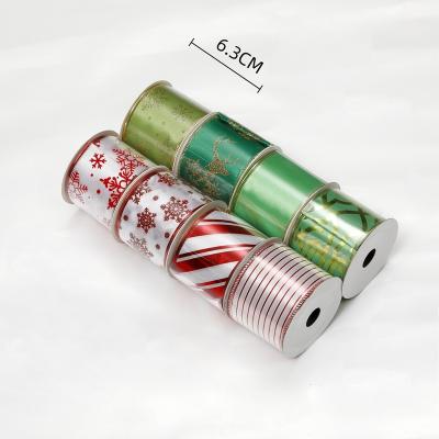 China Chirstmas Gift Wrap Ribbon 63mm New Product Striped Red/Green Glitter Christmas Deer Snowflake Ribbon Printed Christmas Decorative Ribbon for sale