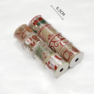 China Chirstmas Decor 63mm Burlap Merry Christmas Decorative Ribbon With Snowman Car Pattern Santa Claus Xmas Ribbon For Garland Decoration for sale