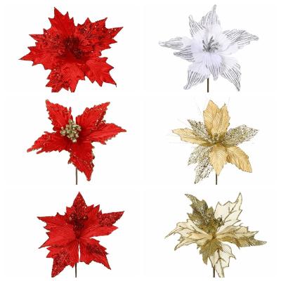 China Newest Style Glitter Flower Artificial Poinsettia Flower Stems Flower With Shimmering Powder Christmas Flower for sale