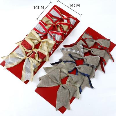 China Burlap Farmhouse Christmas Bow 14*14cm Rustic Gold Silver Red Bursting Colorful Burlap Check Christmas Bow For Gift Wrap for sale