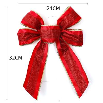 China Christmas Day Decoratiom 24*32cm Red Satin Bow Printing Flocking Bow Bronzed Fabrics Glitter Christmas Bow For Winter Christmas Party Decoration Supplies for sale