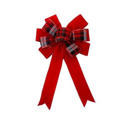 China NewYear Bow Ornament 28*30cm Bow Ornament 28*30cm Handmade Red Plaid Ribbon Flocking Bow For Rustic Farmhouse for sale