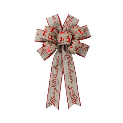 China NewYear Bow Ornament 28*30cm Red Burlap Christmas Ribbon Bow With Deer Pattern Handmade Ribbon Bow For Rustic Farmhouse for sale