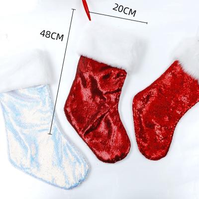 China Red Sequin Christmas Stocking Ornament Gilliter Stocking 20*48cm Red Sequin Stocking With Plush Cuff For Christmas Tree for sale