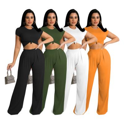 China 2022 New Arrivals QUICK DRY Summer Plus Size Solid Color Wide Leg 2 Piece Two Piece Pants Set Women Clothes Outfits Clothing for sale