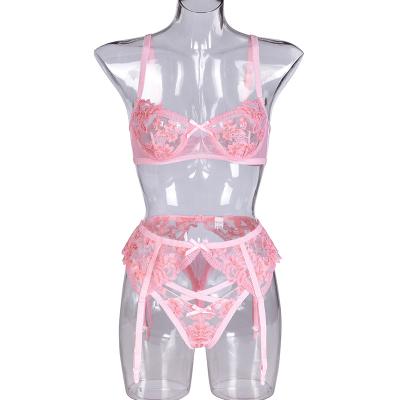 China Polyester 100% 2021 sexiest women plus size ladies girls flower matte steel ring embroidery strap women underwear lingerie set pink lace for sale