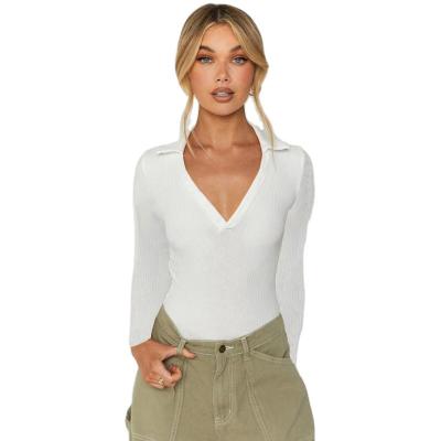 China QUICK DRY Basic Solid Ribbed Collar V Neckline Long Sleeve Bodysuit Jumpsuit 2022 for sale