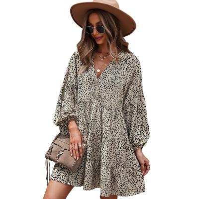 China Breathable 2023 Spring Leopard Printing Lantern Long Sleeve Midi Dress For Women for sale