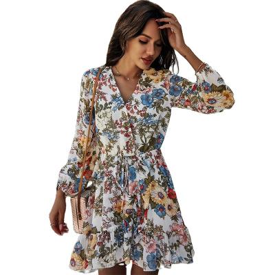 China Breathable 2023 Spring Flora Printing Lantern Long Sleeve Midi Dress For Women for sale