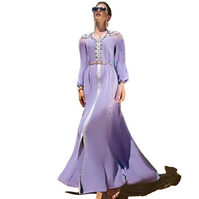 China Polyester Elegant Purple Fairy Rhinestone Beads Dress Dubai  Party  Long Dress With Belt for sale