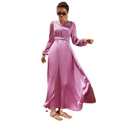 China Polyester New Purple Pink V Collar Rhinestone Beads Dress Middle East Abaya  Long Sleeve Dress for sale