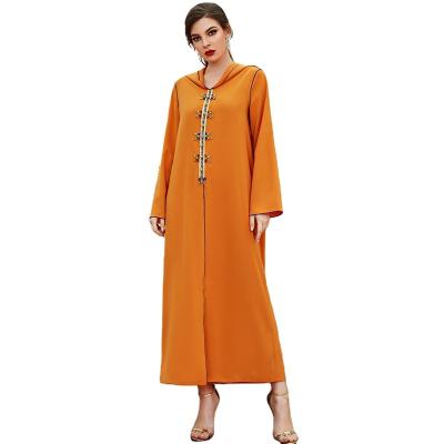 China Polyester Orange With Hood Hand Sewing Drill Beads Long Dress Abaya Robe Middle East  Women Clothing for sale