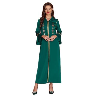 China Polyester Dark Green Flared Sleeve Front Slit Noble Robe Dubai Party Banquet Rhinestone Dress for sale