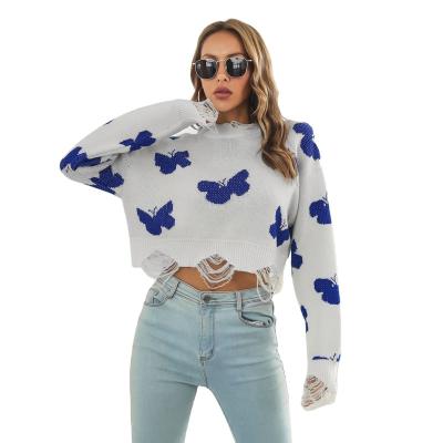 China Anti-wrinkle Women  Long Sleeve Knit Y2K  Butterfly Jacquard Short Graphic Sweater for sale